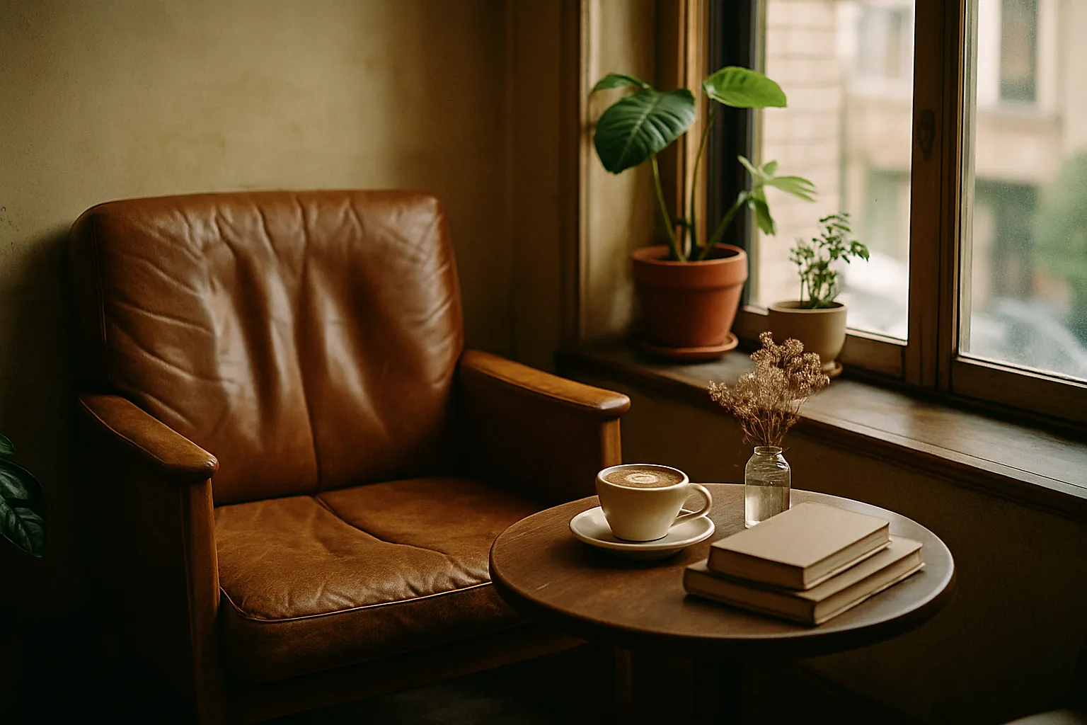 Kožené křeslo a stolek s flat white u okna