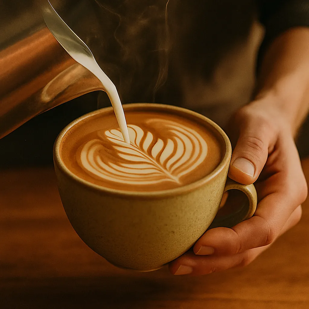 Barista nalévá latte art do šálku