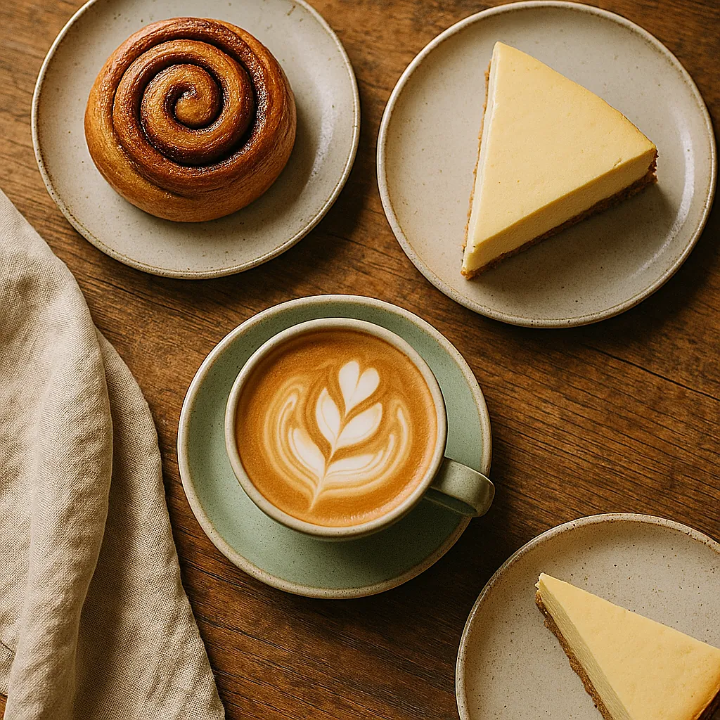 Domácí koláče a flat white na stole
